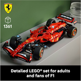 Red LEGO Formula 1 car on a track with Ferrari logo and 'Detailed LEGO set for adults and fans of F1' text.