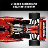 Close-up of a red and black toy car model with a 2-speed gearbox and adjustable spoiler feature.