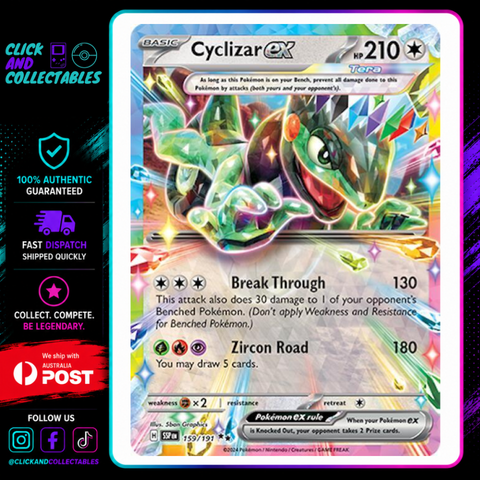 cyclizar ex pokemon card value 159/191 Surging Sparks – Click and Collectables Choose Product(s):SUPREME BUNDLE: Physical Cards + Canvas + Blanket graded cards display case When Pokemon Pokemon Base Set Uncommon