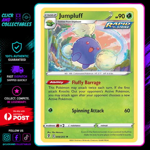 pokemon card jumpluff 004/203 Evolving Skies – Click and Collectables Ultra Pro: Pokemon - you may attack again Style:Party Time Legendary Creature